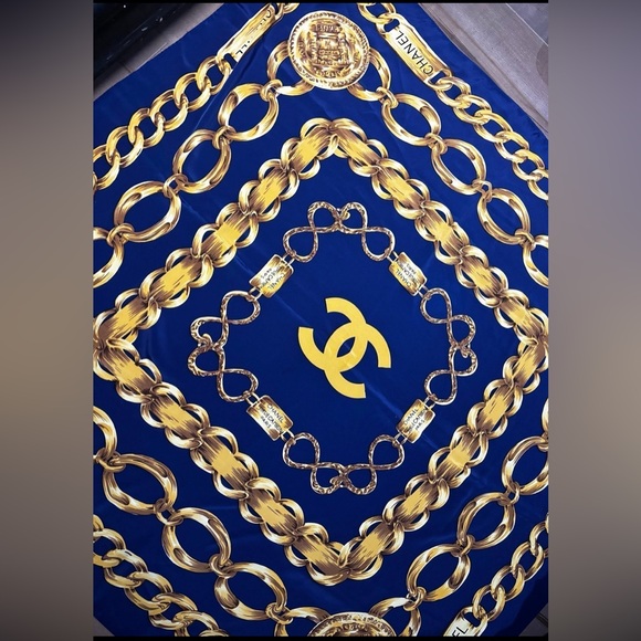 CHANEL Accessories - Vintage Chanel Silk Scarf Blue Gold Chains